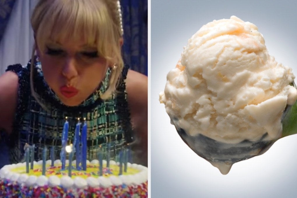 两个图片:在左边,泰勒·斯威夫特的形象上吹灭蜡烛的蛋糕“Lover"音乐视频。在右边,一个股票的形象一勺香草冰淇淋