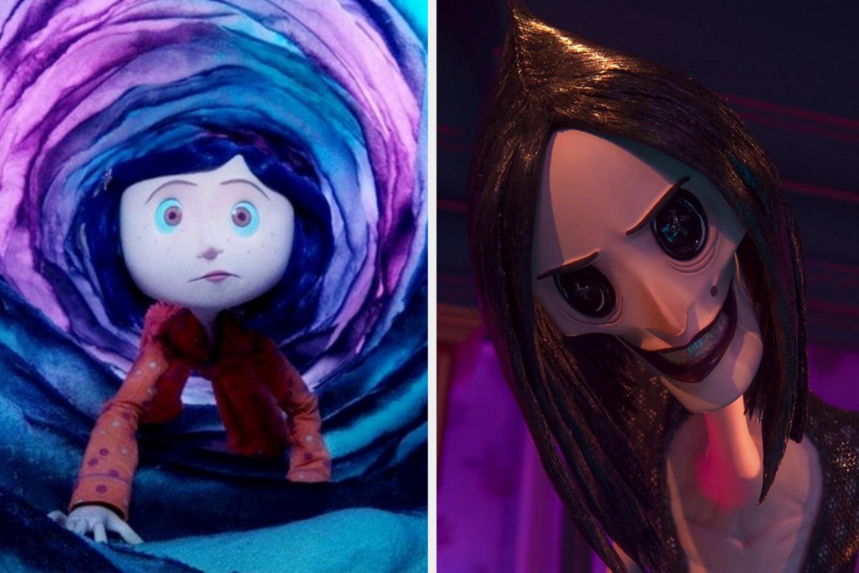Two images: on the left, Coraline walking through the tunnel and on the right, an image of Other Mother