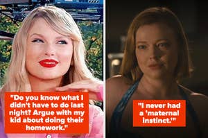 Left: Taylor Swift smiles Right:  Sarah Snook as Siobhan stares forward in "Succession"