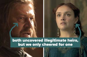 Ned Stark and Alicent Hightower side-by-side with text that says "both uncovered illegitimate heirs but we only cheered for one"