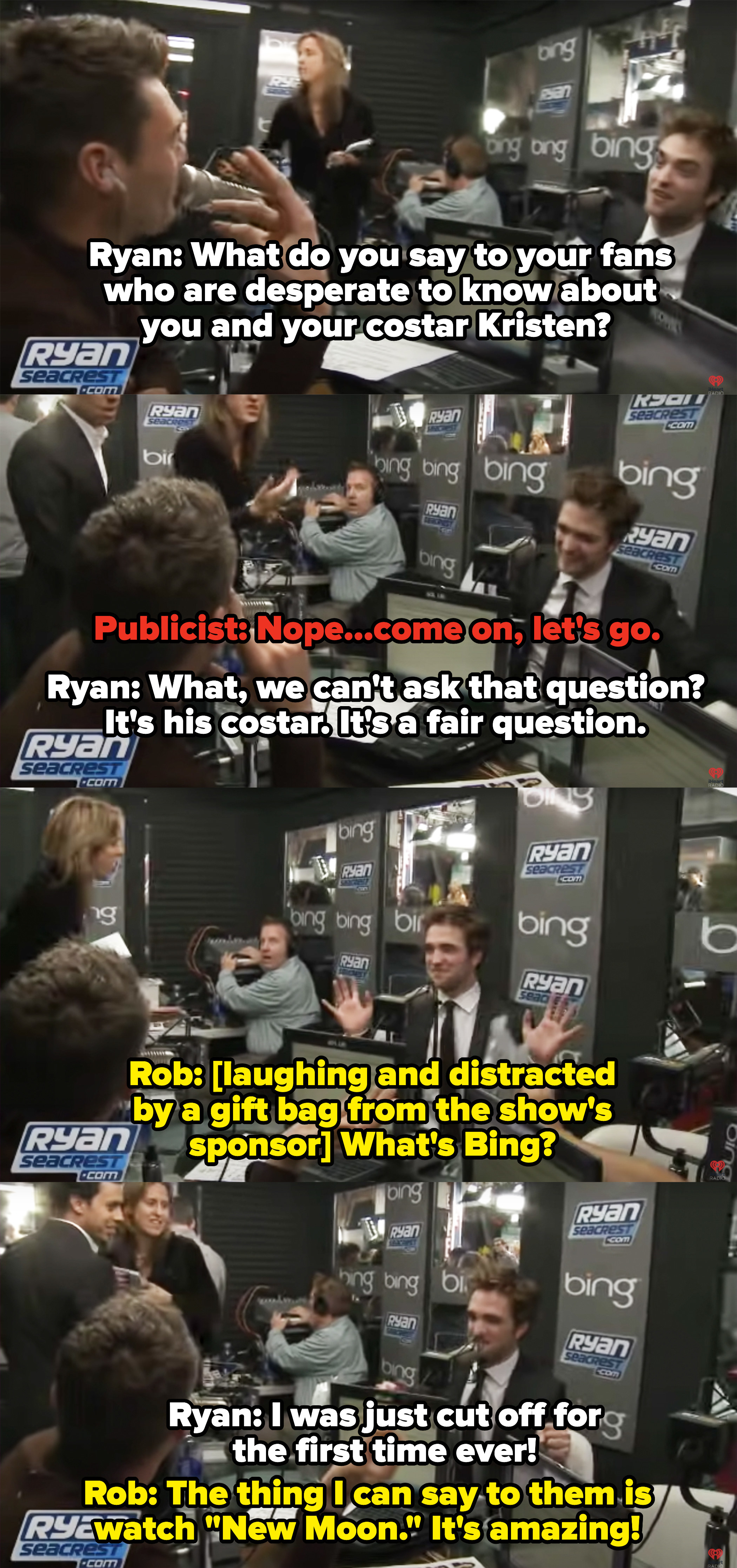 Robert Pattinson&#x27;s publicist telling him to leave an interview with Ryan Seacrest.