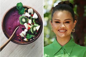 A bowl of acai is on the left with Selena Gomez on the right
