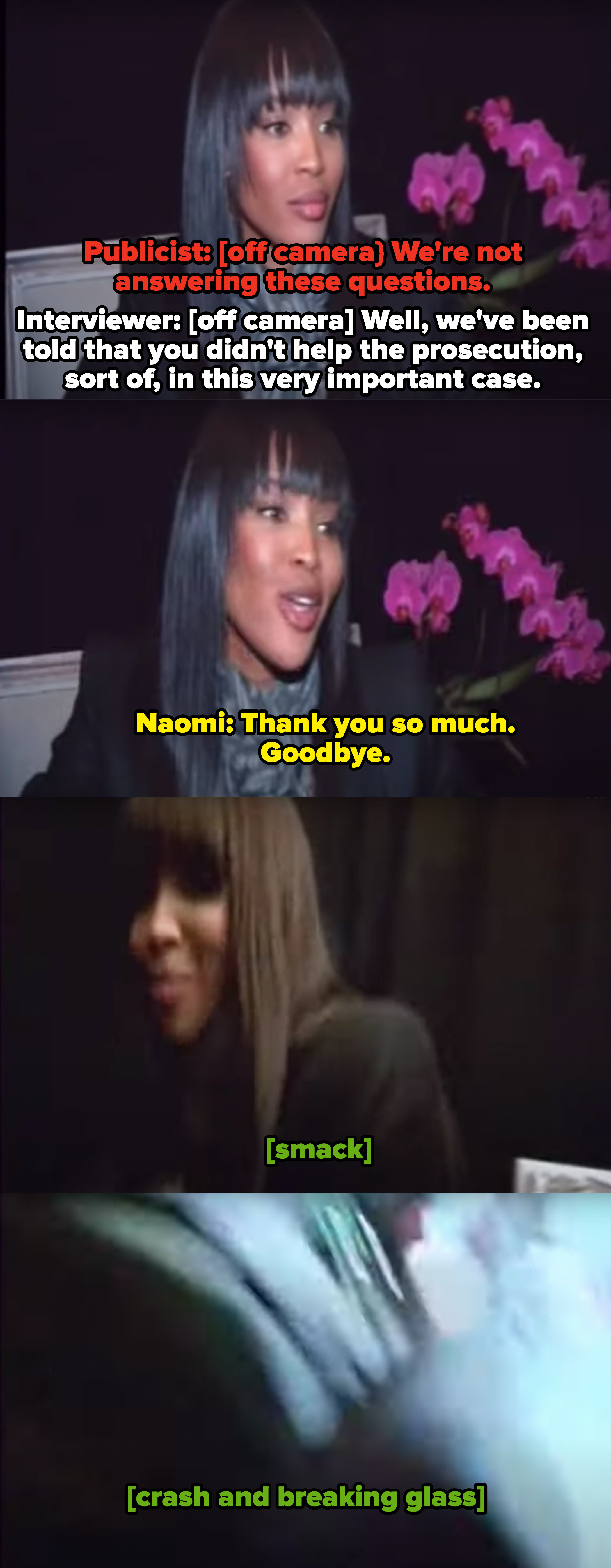 Naomi Campbell knocking down a camera while leaving an interview