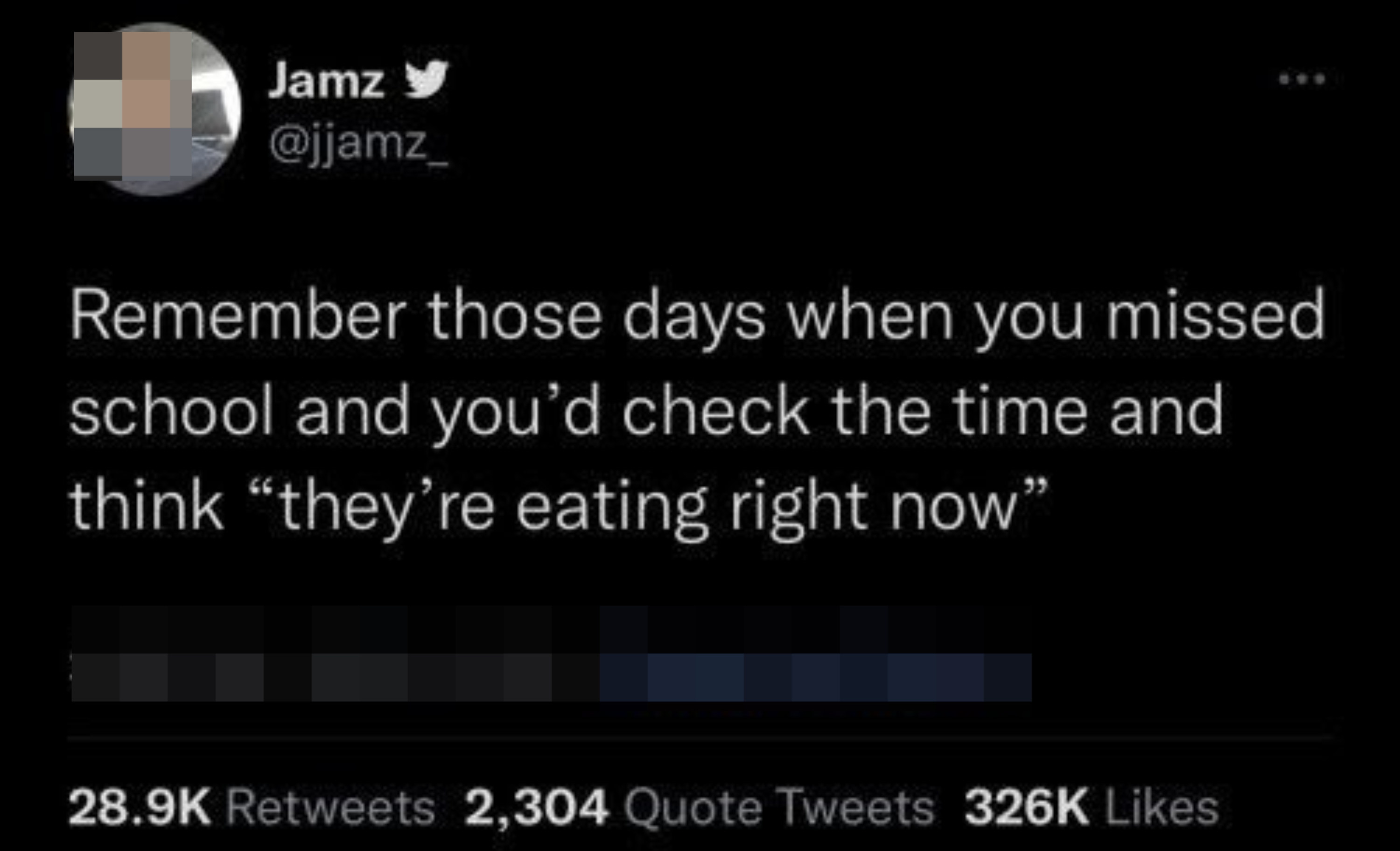 tweet reading remember those days when you missed school and you&#x27;d check the time and think they&#x27;re eating right now