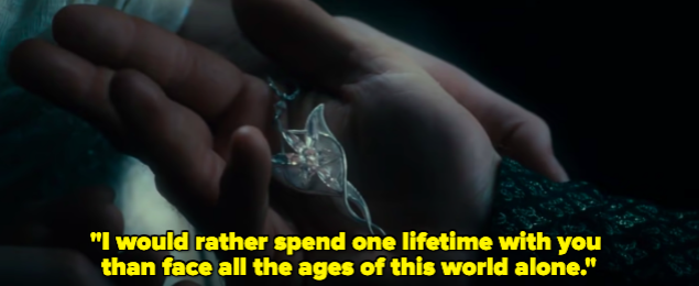 A man holds a jewel necklace as a woman says &quot;I would rather spend one lifetime with you than face all the ages of this world alone&quot;