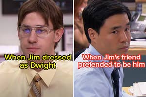 Jim Halpert dressed as Dwight and an Asian man looks directly into the camera
