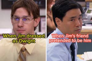 Jim Halpert dressed as Dwight and an Asian man looks directly into the camera