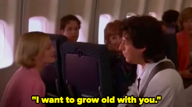 A man sings to a woman on a plane, saying &quot;I want to grow old with you&quot;
