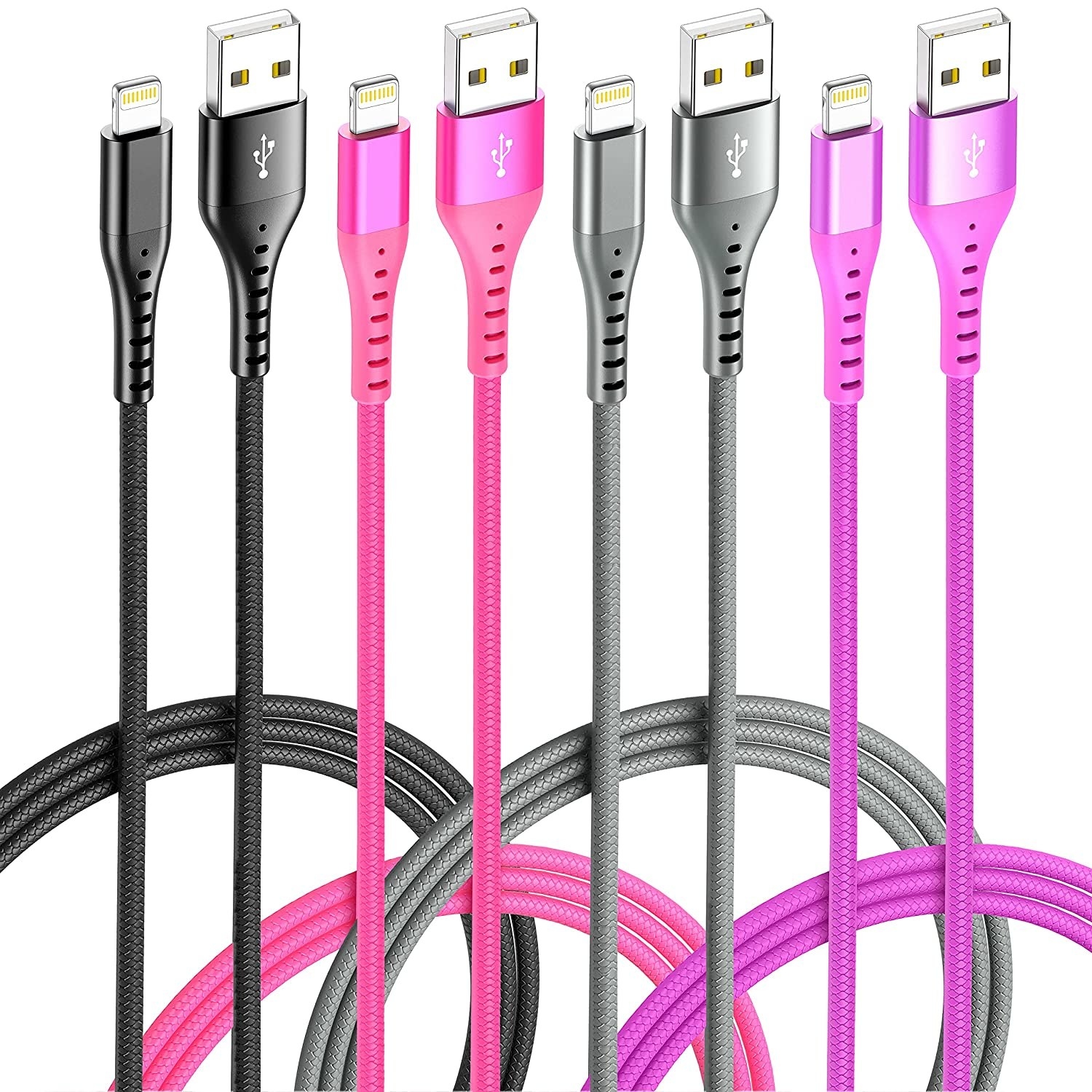 four different-colored charging cables