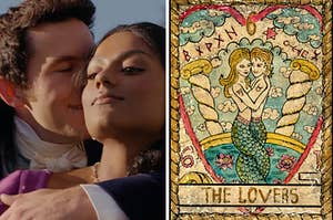 Anthony Bridgerton presses his face to Kate Sharma's and the Lovers tarot card shows a couple embracing