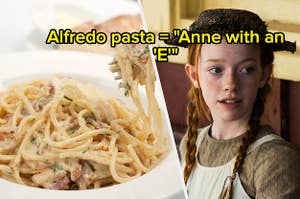 A bowl of Alfredo pasta and Anne wears a straw hat