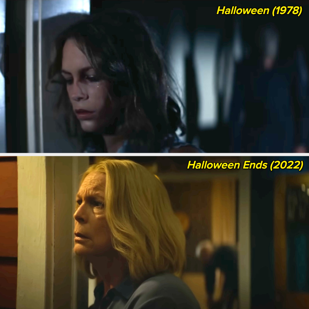Jamie Lee Curtis in the original Halloween film vs now