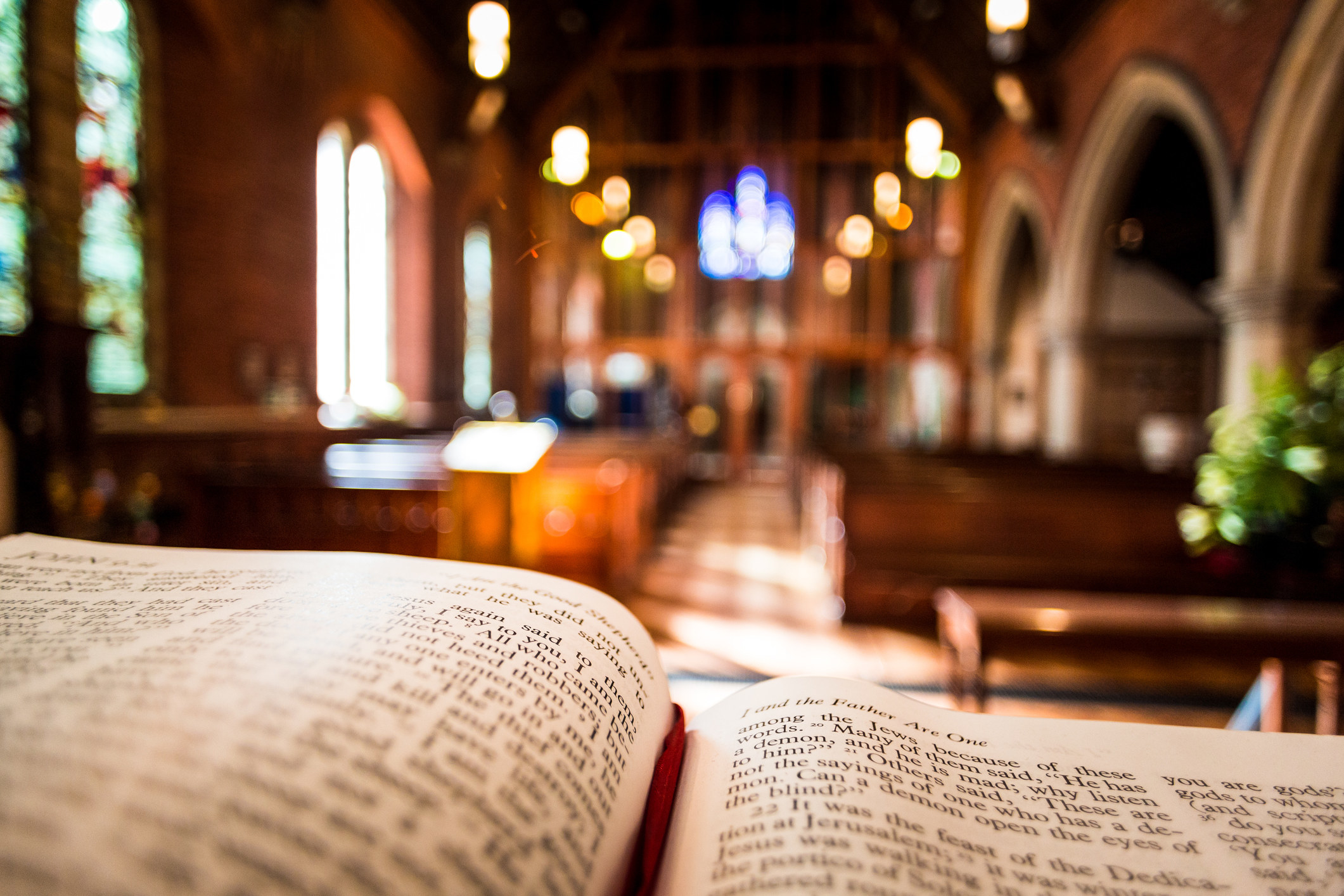 Close-up of an open book in a church