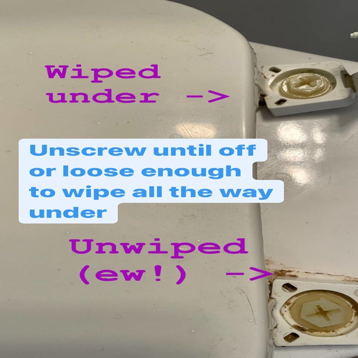 A dirty toilet seat screw cover and a clean one