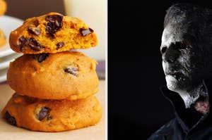 Pumpkin chocolate chip cookies are on the left with Michael Myers on the right