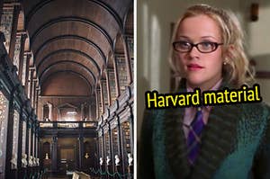 On the left, a Dark Academia style university library, and on the right, Elle Woods wearing a smart tie and glasses labeled Harvard material