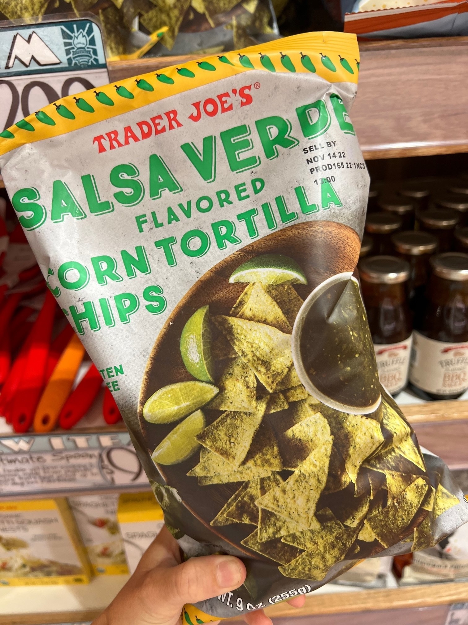 A bag of Salsa Verde Flavored Tortilla Chips.
