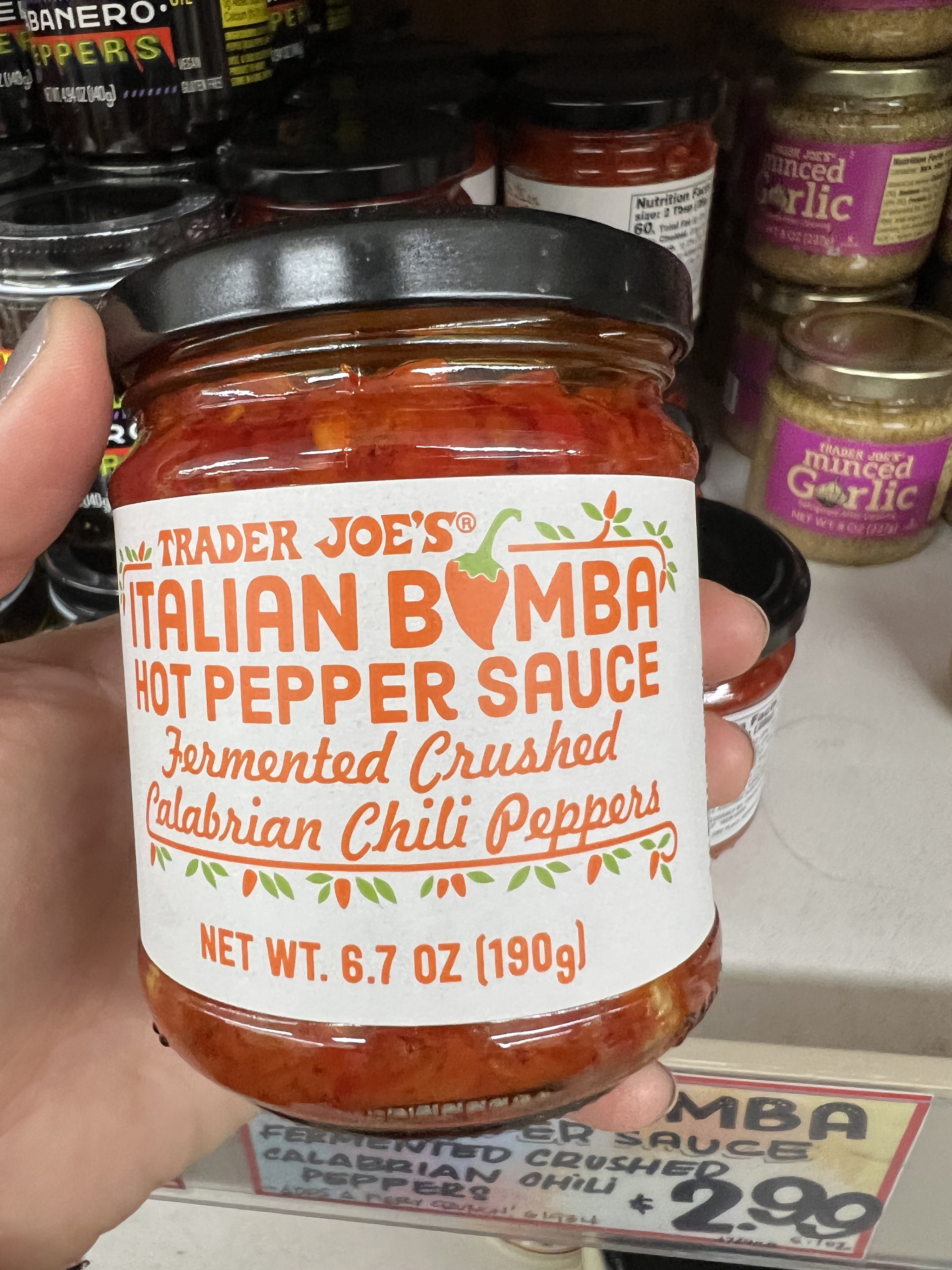 A jar of Italian Bomba Hot Pepper Sauce.
