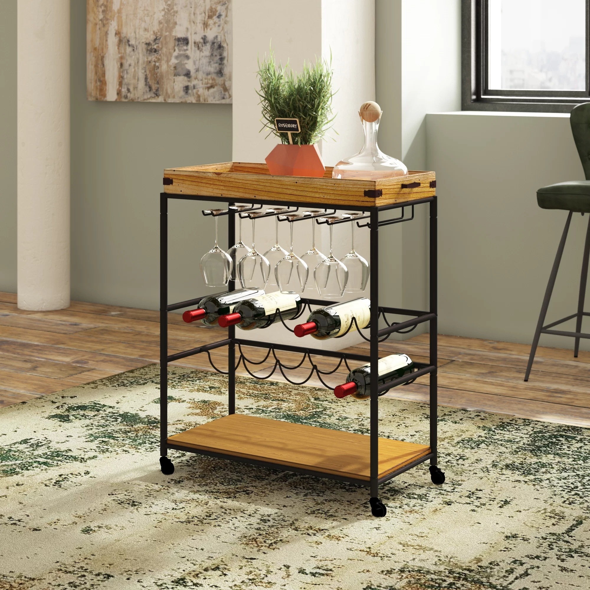 the bar cart with bar supplies on it