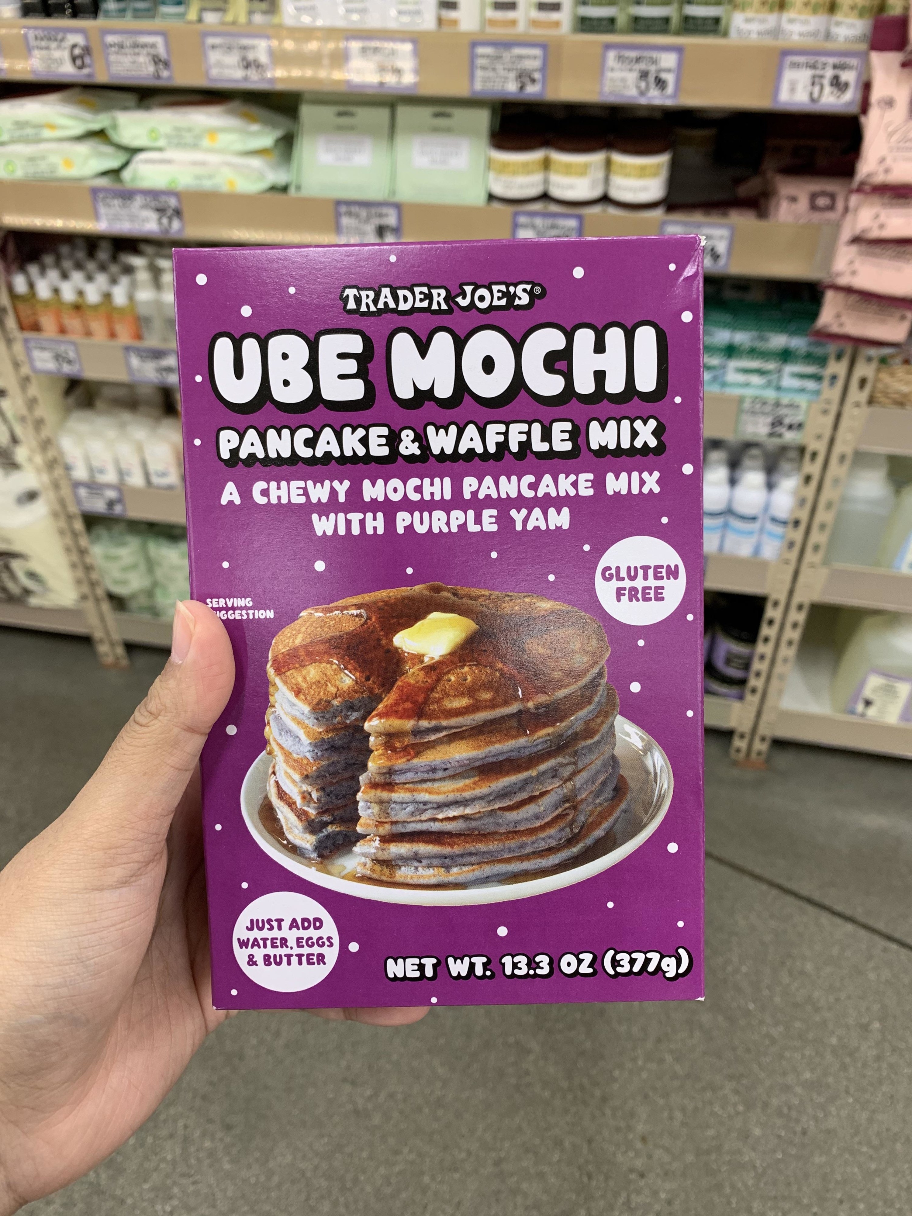A box of ube mochi pancake and waffle mix.