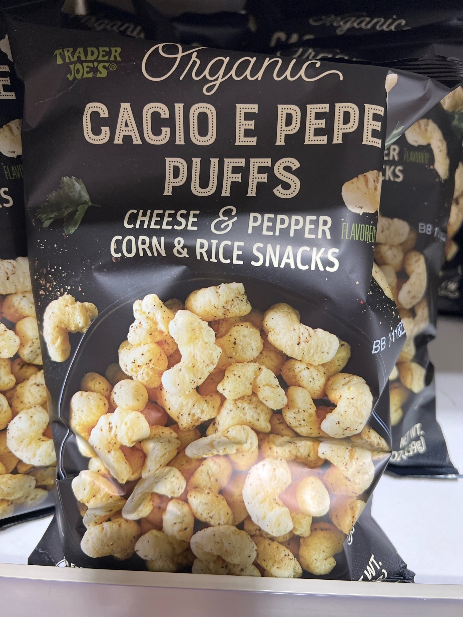 A bag of Cacio e Pepe Puffs.