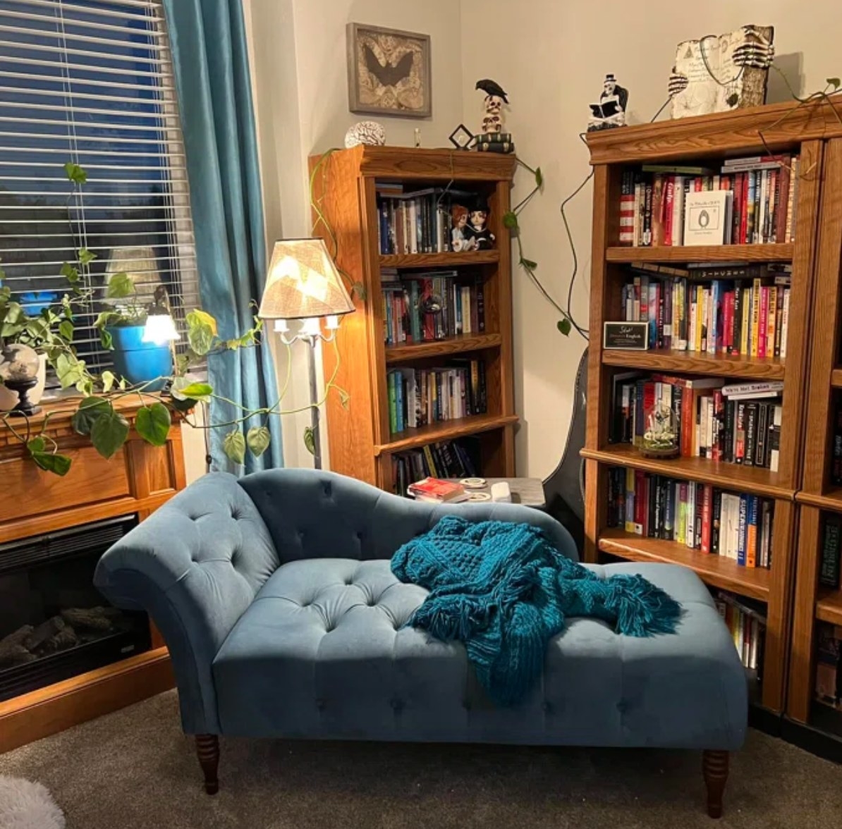 a blue chaise in a study with bookshelves, a fire place, plants, a floor lamp, and other decor