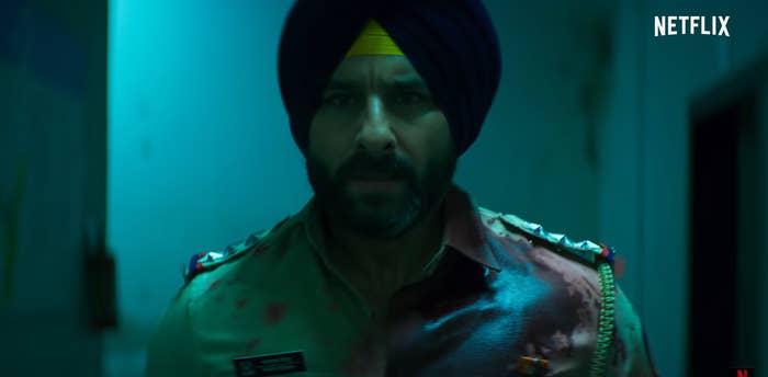 Saif Ali Khan in a turban and a bloodied police uniform