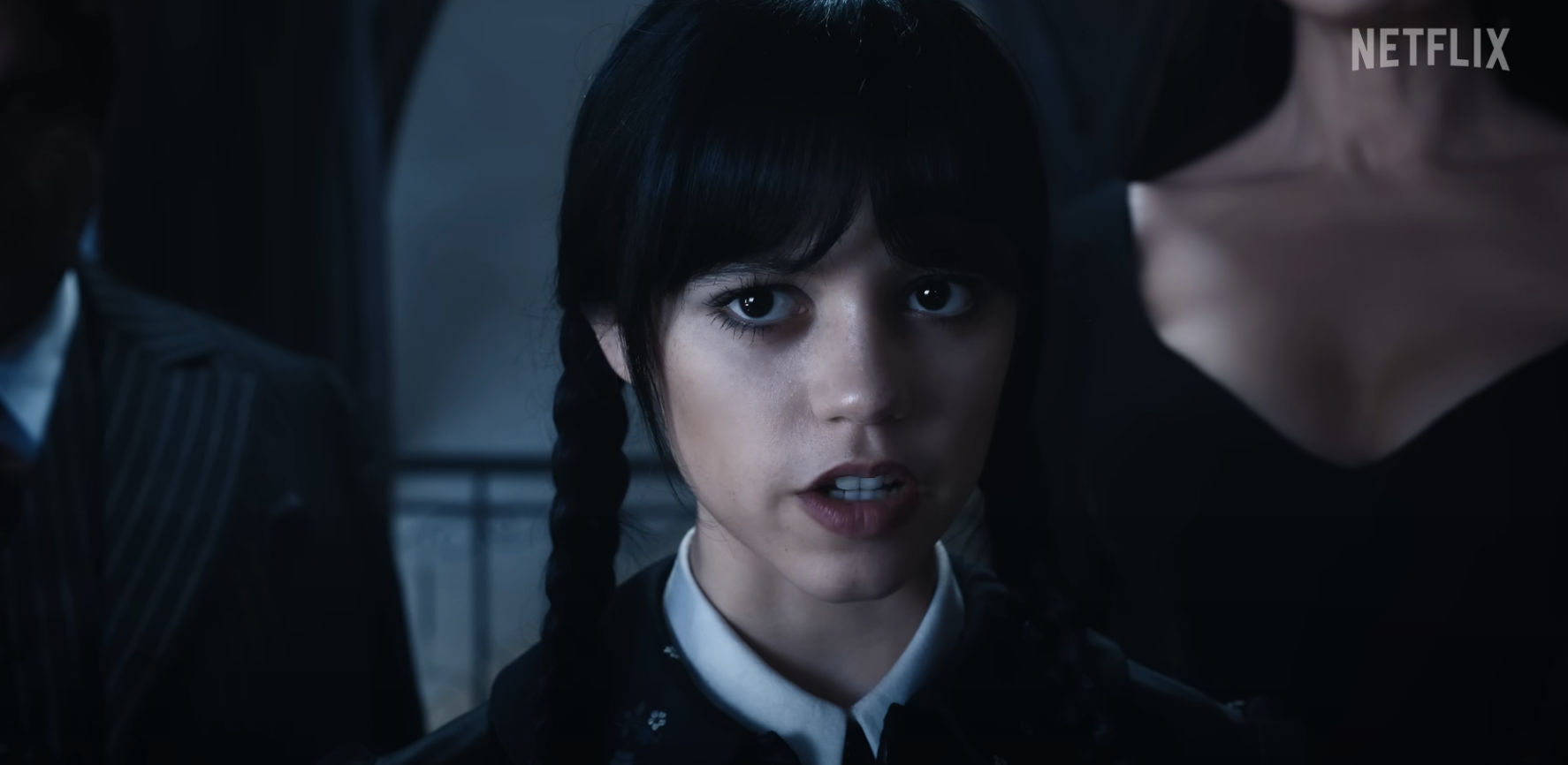 Closeup of Jenna Ortega as Wednesday