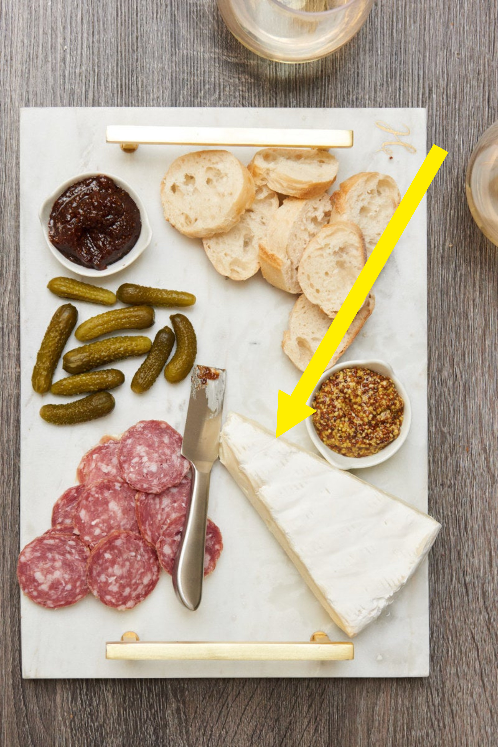A cheese and charcuterie board.