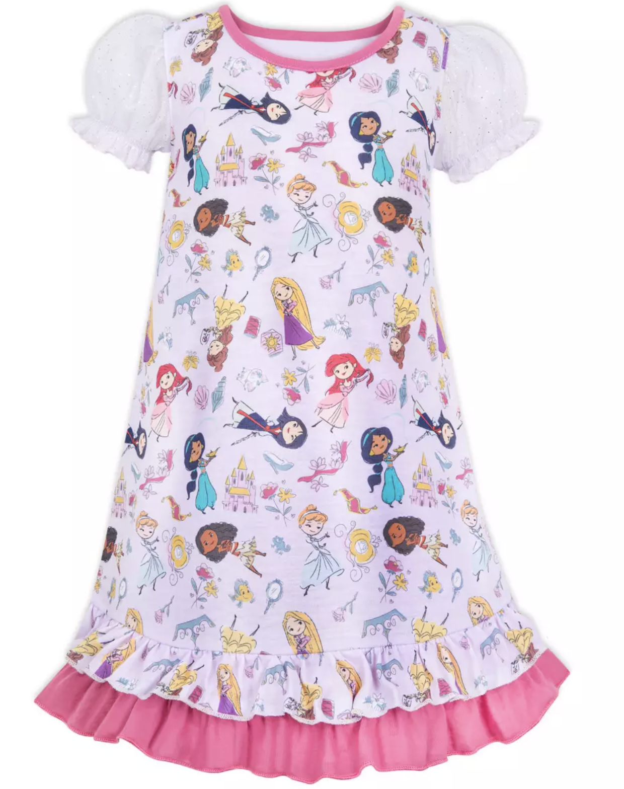 A close up of a children's nigh shirt with various Disney Princesses