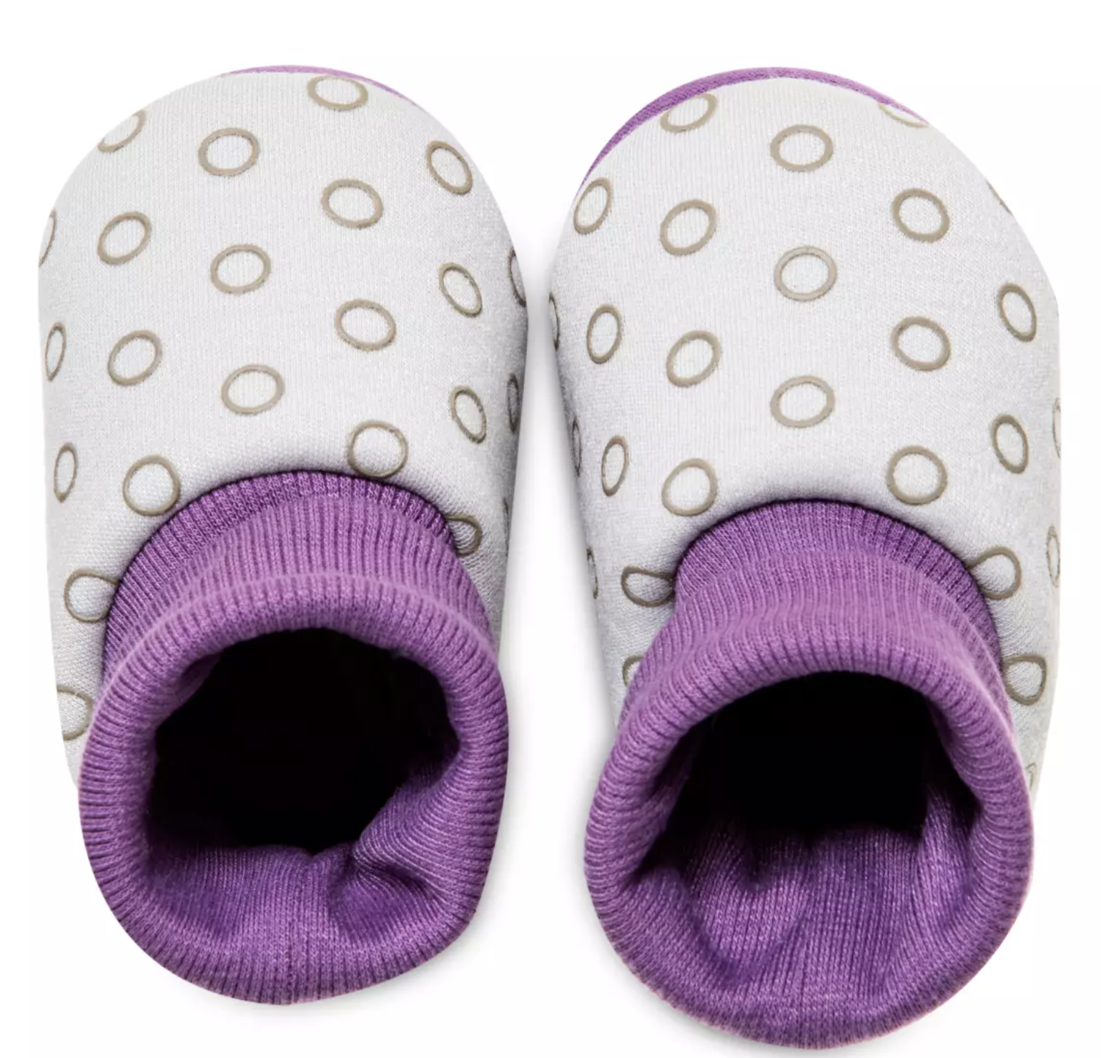 A pair of knit baby shoes inspired by Boo from Monsters, Inc.