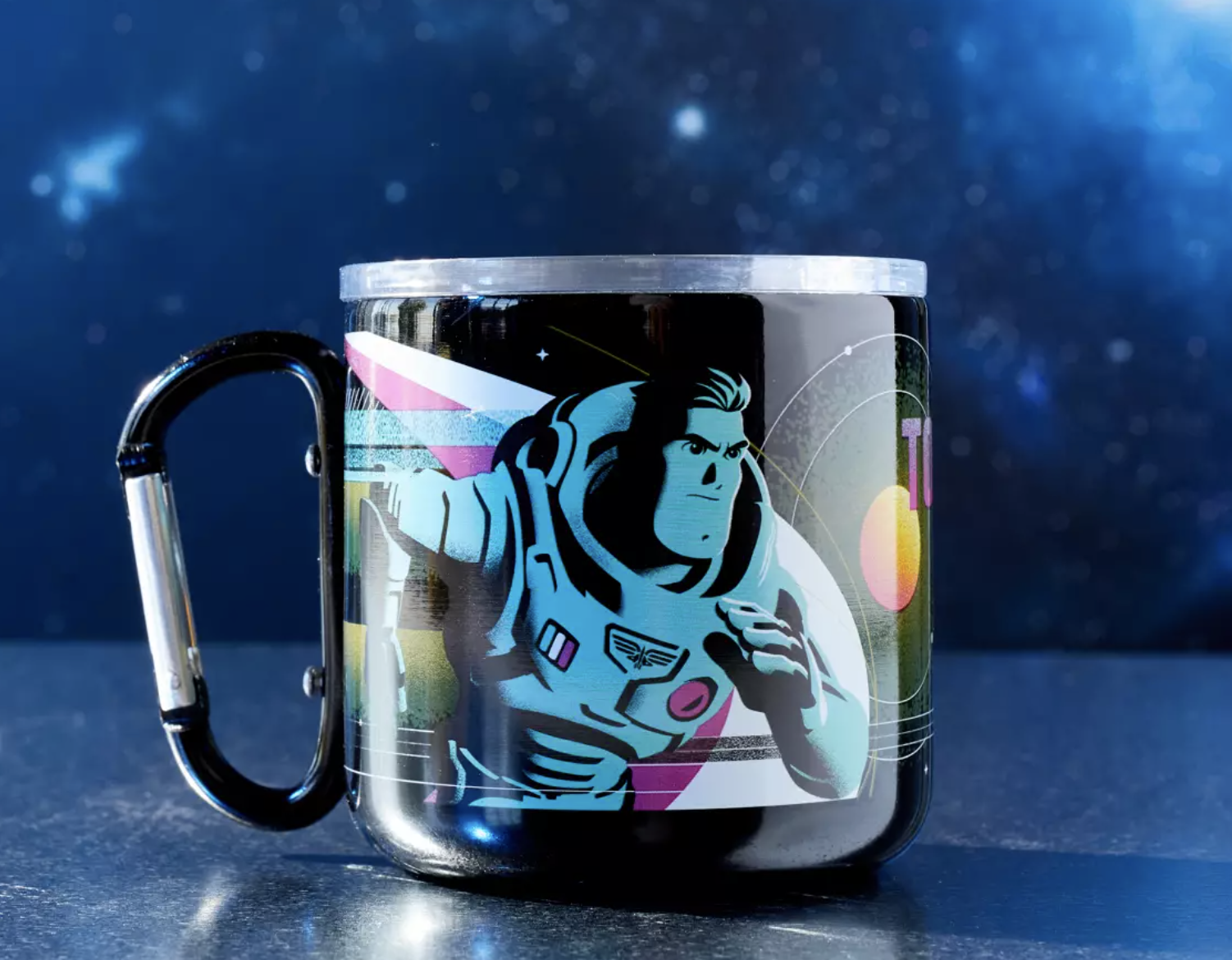 A Buzz Lightyear stainless steel mug with a cover
