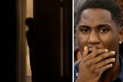 ghost peeking around a door next to a scared man