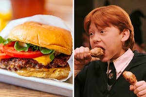 A burger is on the left with Ron Weasley eating chicken on the right