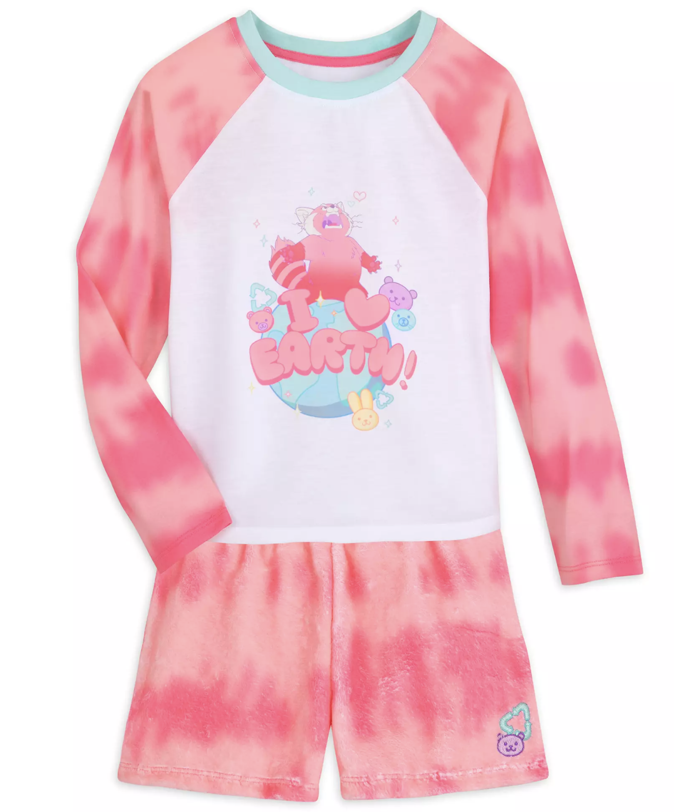 A pajama set with a long sleeve shirt and shorts with an image of Panda Mei