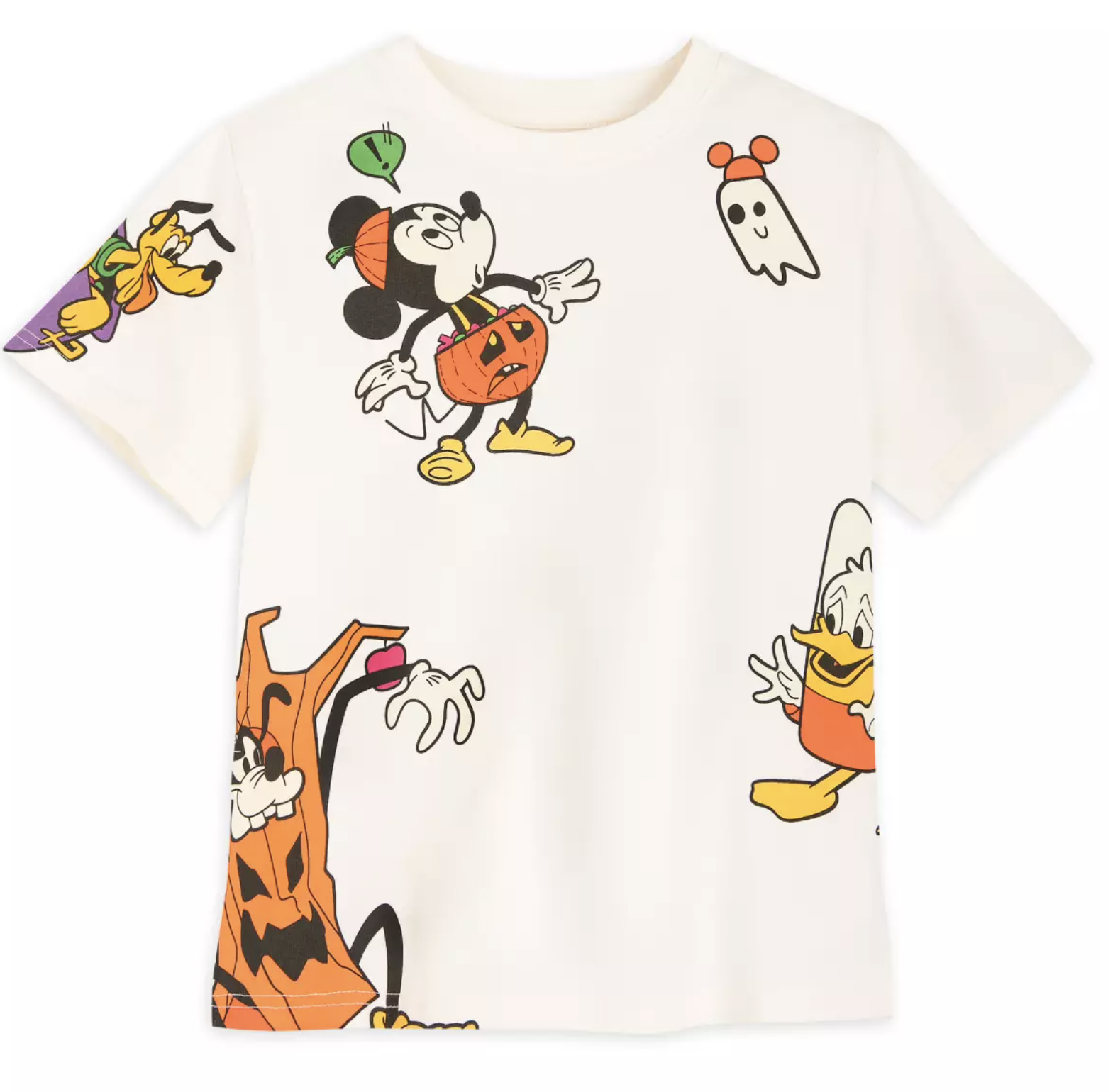 A short sleeved T-shirt with Mickey Mouse, Donald Duck, Pluto, and Goofy in Halloween costumes