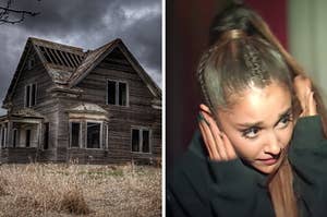 On the left, an abandoned, creepy house with dark clouds overhead, and on the right, Ariana Grande covering her ears and furrowing her brows in fear