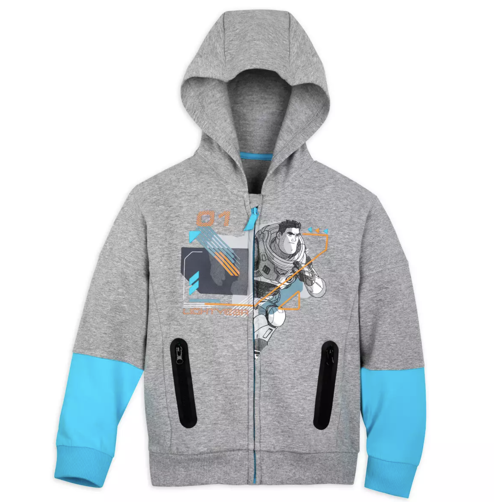 A gray and blue Buzz Lightyear hoodie with pockets