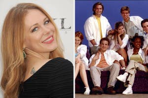 Maitlyn Ward wears a black ruched top with emerald earrings with gold outlines. She also appears with the cast of "Boy Meets World" wearing a white shirt with sneakers.