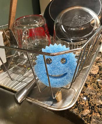 reviewer's blue smiley face sponge drying on a drying rack