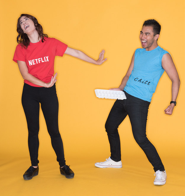 A couple dressed as Netflix and Chill
