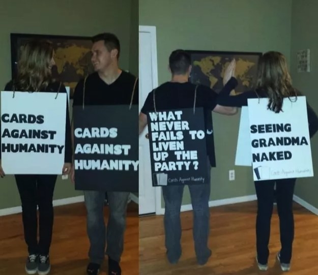 two people dressed as the game &quot;Cards Against Humanity&quot;