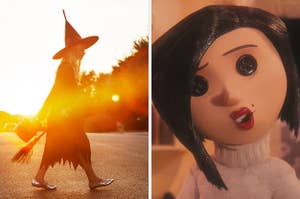 On the left, someone walking down the street wearing a witch's hat and carrying a broomstick, and on the right, the Other Mother from Coraline