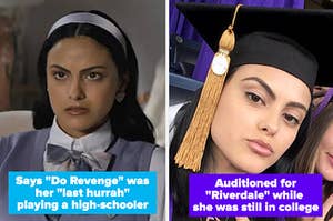 Camila in do revenge with a fact side by side her graduation pic with a fact