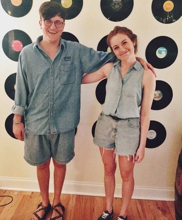 Two people wearing denim outfits