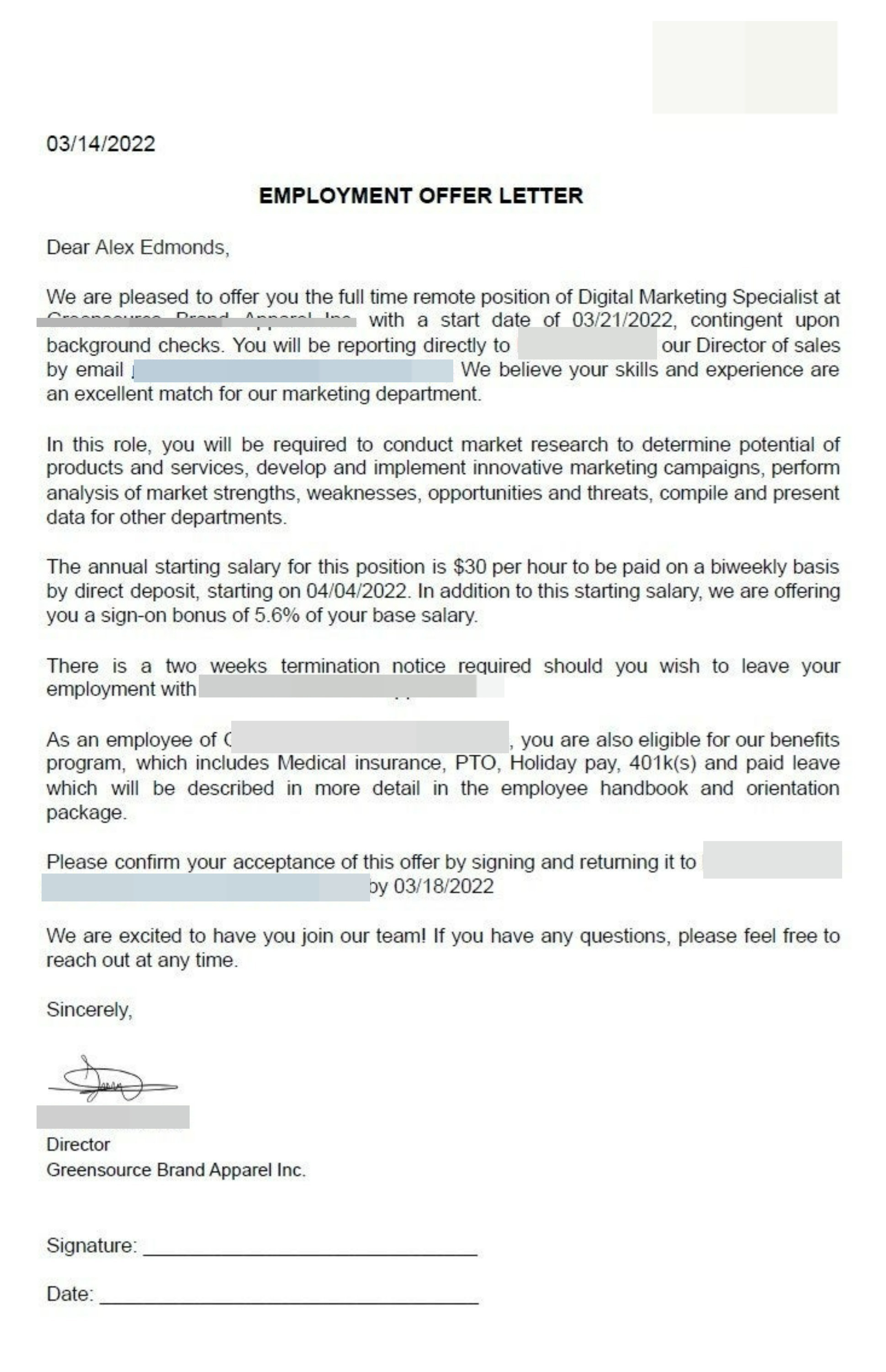 Greensource remote job scam offer letter screenshot