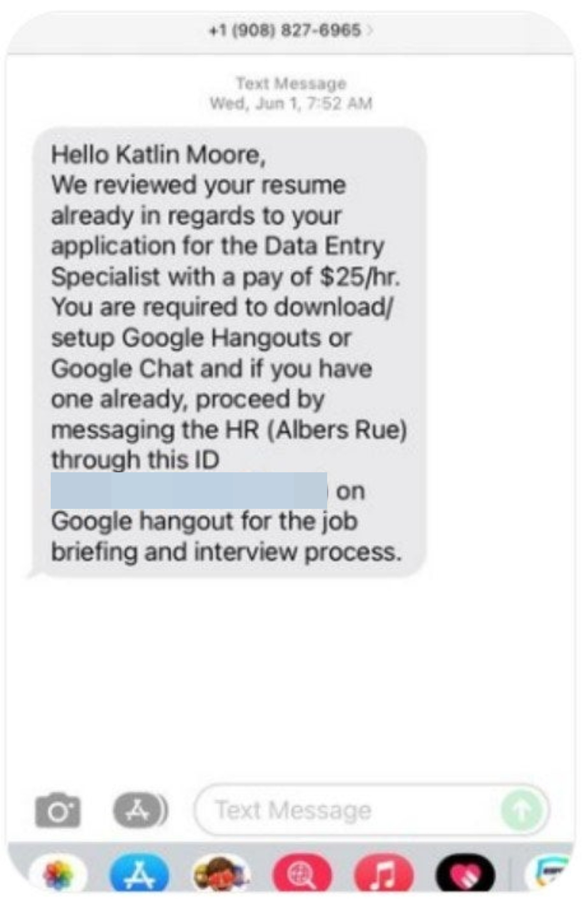 Screenshot from Indeed remote job scam