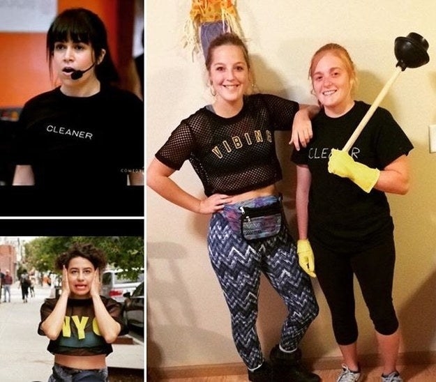 Two girls wearing black tops and leggings while one holds a plunger