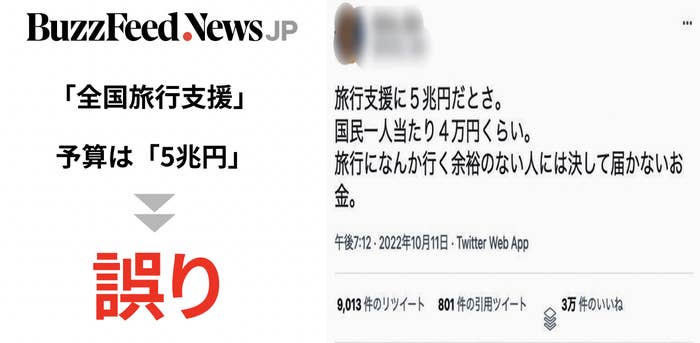 全国旅行支援」の予算が「5兆円」と読めるツイートが拡散→誤り