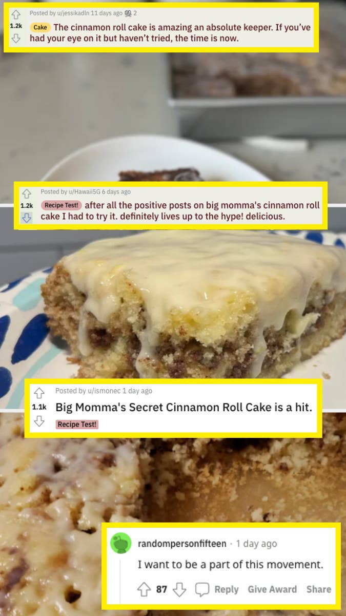 three redditor images of making the cinnamon roll cake with various praises in the comments